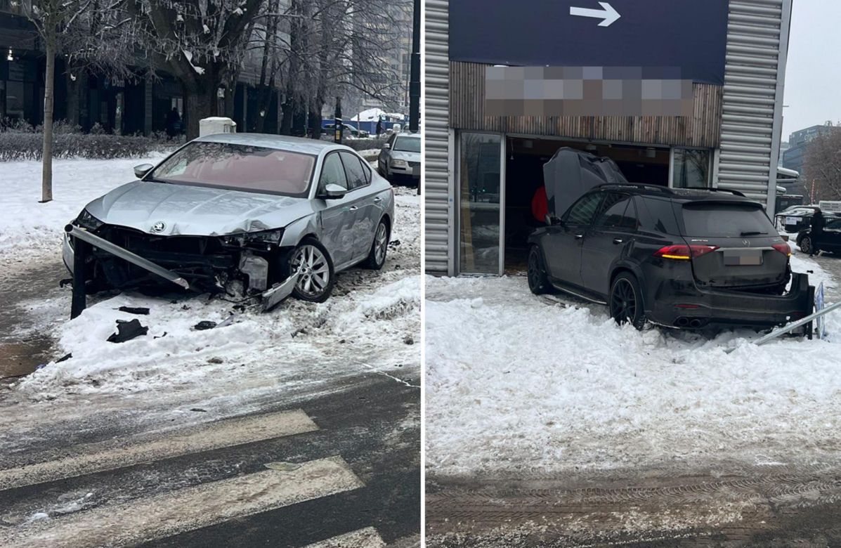 Totalna demolka na Woli. Po kolizji wjechał mercedesem do sklepu