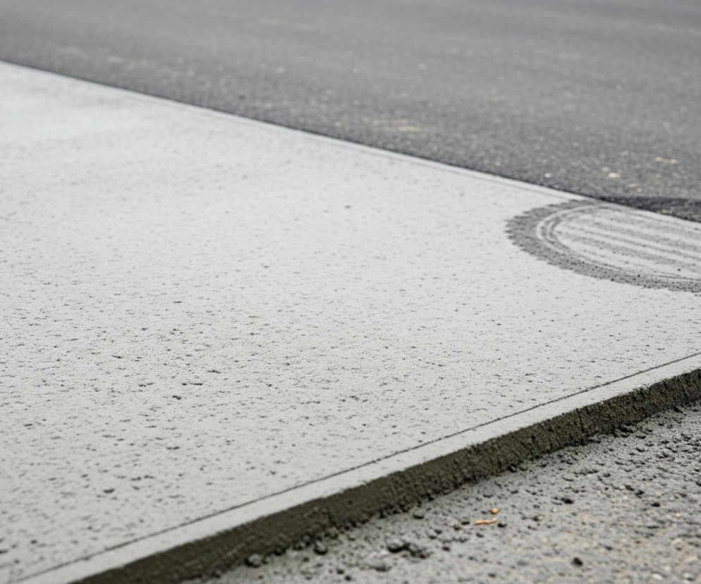 Świeżo wylany, jasnoszary beton, tworzący spójną powierzchnię z widoczną drobną teksturą. Powierzchnia betonu jest ograniczona po prawej stronie czarną, asfaltową nawierzchnią, która jest mniej ostra i lekko rozmyta. Na krawędzi styku obu materiałów, po stronie betonu, widać równe, ciemniejsze zagłębienie, a nieco dalej w prawo na asfalcie znajduje się okrągły, ciemny ślad z koncentrycznymi liniami.