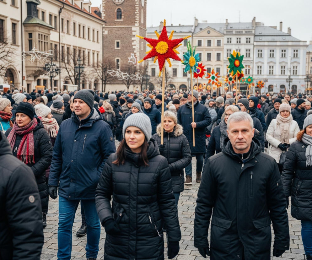 Duży tłum ludzi wypełnia brukowany plac, otoczony zabytkowymi budynkami o jasnych fasadach i wysokimi oknami. Wśród uczestników wydarzenia widać mężczyznę w ciemnej kurtce i szarej czapce na pierwszym planie po lewej, a także kobietę w czarnej puchowej kurtce i szarej czapce na środku pierwszego planu, oraz mężczyznę w czarnej kurtce na prawo od niej. Ludzie są ubrani w zimowe kurtki, płaszcze, czapki i szaliki, a wiele z nich ma poważne lub neutralne wyrazy twarzy. Ponad głowami tłumu, w tle, widoczne są kolorowe, gwiazdopodobne ozdoby na długich tyczkach, niektóre czerwono-żółte, inne turkusowo-żółte lub zielono-żółte, oraz fragmenty świątecznych dekoracji świetlnych, rozciągniętych między latarniami i budynkami.