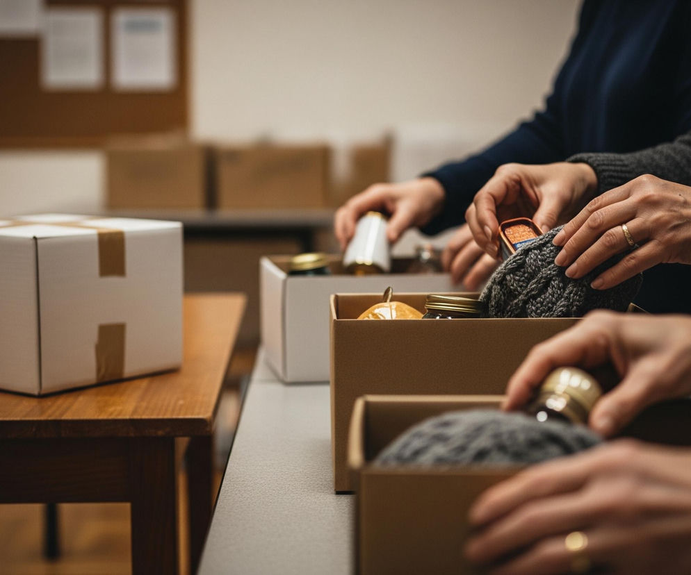 Na pierwszym planie widoczne są ręce trzech osób, które pakują przedmioty do otwartych, kartonowych pudełek. W prawym dolnym rogu dłonie w swetrze w odcieniu ciemnego grafitu umieszczają szary, dzianinowy przedmiot w prostokątnym kartonie. Pośrodku kadru, dłonie z obrączką na palcu umieszczają mniejszy, pomarańczowy pojemnik w innym, jasnobrązowym pudełku, obok niego widać małą, żółtą dynię oraz słoiczek z zakrętką. Po lewej stronie, dłonie w granatowym swetrze wkładają biały pojemnik z złotą nakrętką do kolejnego kartonu. Na stole po lewej stronie znajduje się białe, zamknięte pudełko przewiązane brązową taśmą, a za nim w tle widać inne, rozmyte kartony i tablicę korkową z przypiętymi białymi kartkami.
