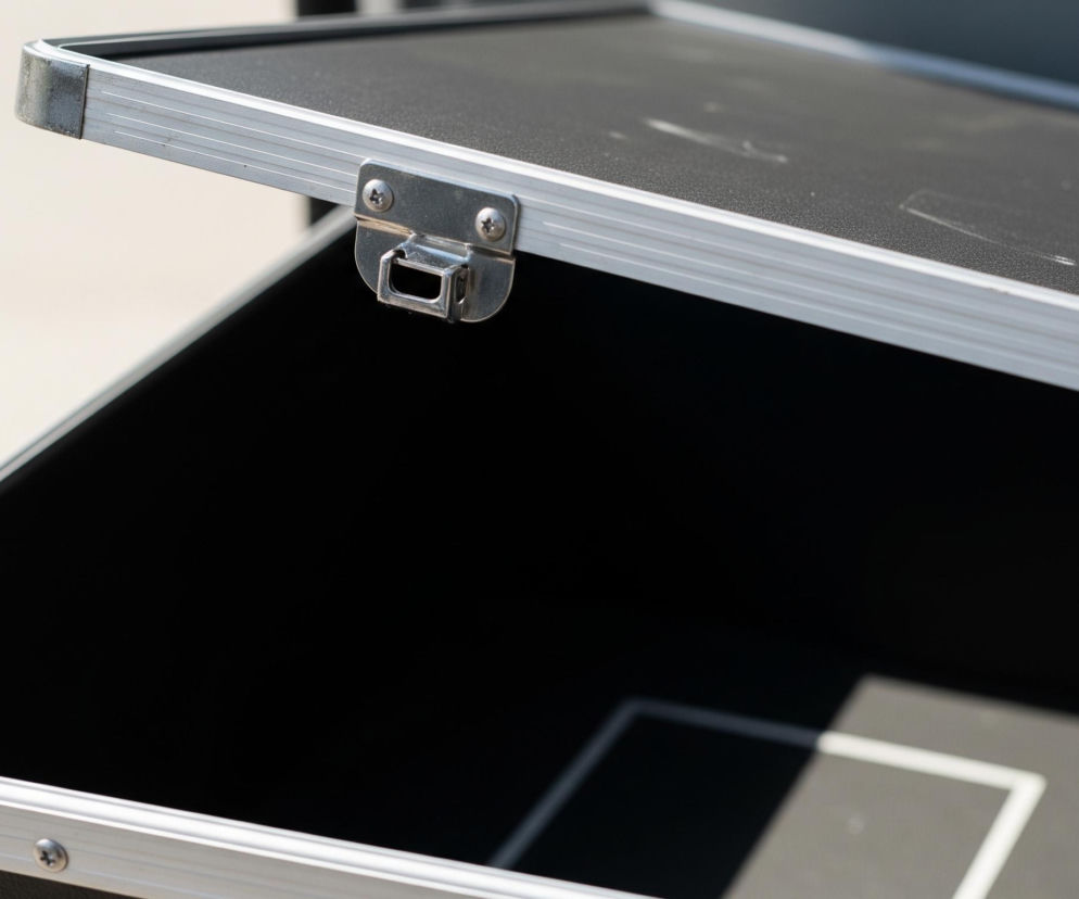 Otwarte czarne pudło lub skrzynia o solidnej konstrukcji, z metalowymi wzmocnieniami i okuciami. Wieko jest uniesione, ukazując wewnętrzną, ciemną przestrzeń. Brzegi wieka i dolnej części pudła są wykończone srebrnymi, błyszczącymi listwami, a w miejscu łączenia wieka z pudłem widoczny jest metalowy zaczep zamka. Zewnętrzna strona wieka oraz wnętrze pudła mają lekko ziarnistą, matową teksturę. Tło stanowi rozmyta, jasna powierzchnia w odcieniu beżu lub jasnej szarości.