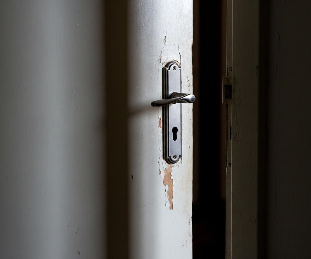 Otwarta szczelina drzwi dominuje w centrum obrazu, z lewej strony widoczne jest skrzydło drzwi, a po prawej framuga i ciemność. Skrzydło drzwi jest pomalowane na jasny, kremowy kolor, z widocznymi, dużymi ubytkami farby wzdłuż krawędzi przy framudze, odsłaniającymi jaśniejsze, drewniane podłoże. Na drzwiach zamontowana jest metalowa klamka z zamkiem w kolorze ciemnego srebra lub niklu, odbijająca światło w górnej części. Za framugą po prawej stronie widać jedynie głęboką ciemność, a na framudze, nieco powyżej klamki, znajduje się niewielki, metalowy zaczep zamka. Lewa strona skrzydła drzwi stopniowo przechodzi w cień, a całe zdjęcie jest oświetlone z góry, tworząc jasne pasmo światła na framudze i prawym brzegu skrzydła drzwi.