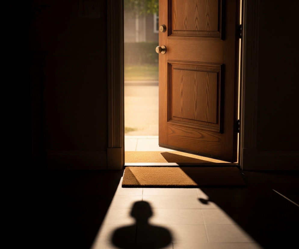 Otwarte, drewniane drzwi z mosiężną klamką, częściowo wpuszczające światło dzienne do ciemnego wnętrza. Na podłodze, tuż za progiem, leży brązowa wycieraczka, a kawałek dalej na jasnych płytkach podłogowych rzuca cień sylwetki głowy i ramion osoby. Zza otwartych drzwi widać słoneczną ulicę z drzewami i fragmentem budynku w oddali.