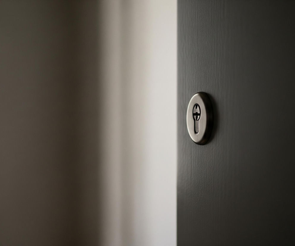 Na pierwszym planie, po prawej stronie kadru, znajduje się ciemnoszara powierzchnia z delikatną, pionową fakturą, przypominającą drewno lub malowane aluminium. W jej centralnej części widoczny jest metalowy szyld zamka w kształcie owalu, w kolorze szczotkowanego srebra, z ciemnym otworem na klucz w środku. Lewa część obrazu jest rozmyta i jaśniejsza, z pionowym pasem światła przechodzącym od góry do dołu, kontrastującym z ciemniejszym tłem po lewej stronie tego pasa.