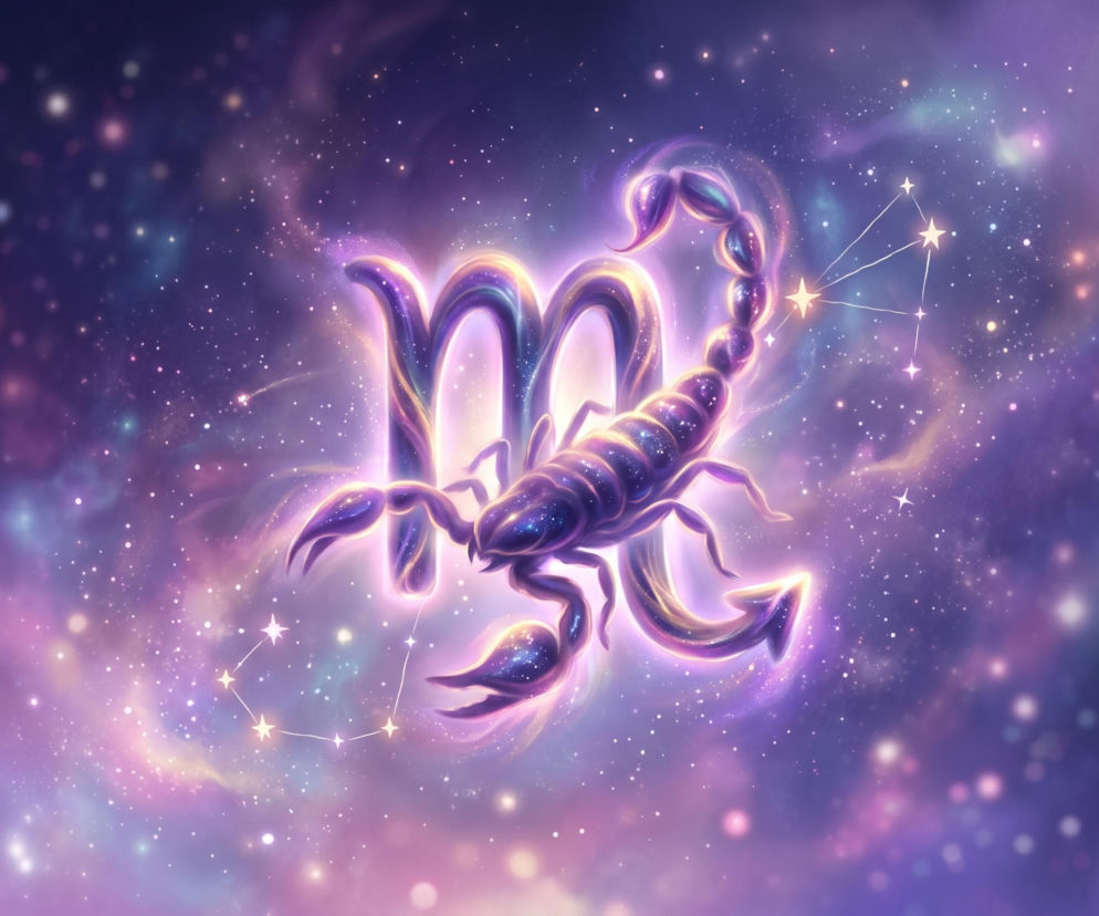 Świecący symbol Skorpiona na tle fioletowej mgławicy i gwiazd. Horoskop dla tego znaku zodiaku znajdziesz w Eska.