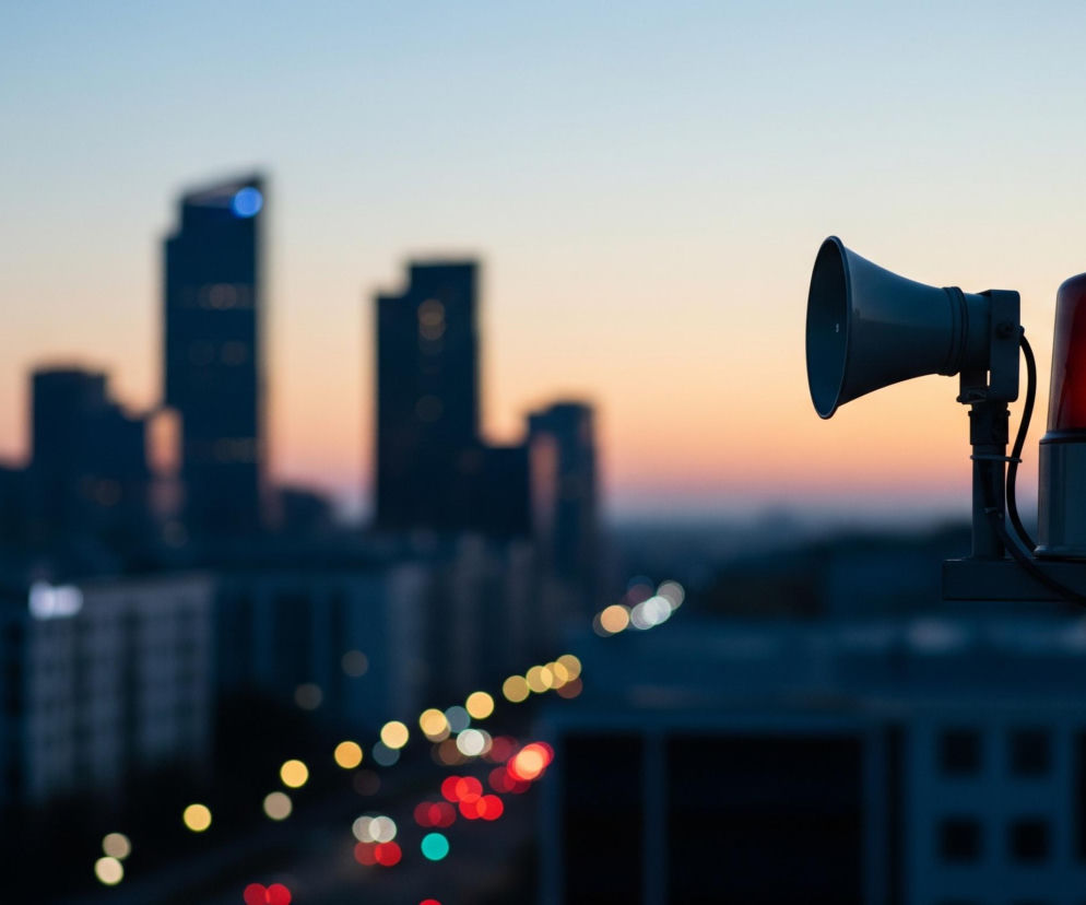 Na pierwszym planie, po prawej stronie kadru, znajduje się ciemnoszary głośnik i czerwona, migająca lampa alarmowa, zamontowane na metalowym wsporniku. Tło stanowi rozmyta panorama miasta o zmierzchu, z widocznymi ciemnymi sylwetkami wysokich budynków i rozmazanymi światłami ulicznymi w kolorach żółtym, czerwonym i białym, które tworzą efekt bokeh. Niebo przechodzi od jasnego błękitu u góry do delikatnego pomarańczu przy horyzoncie.