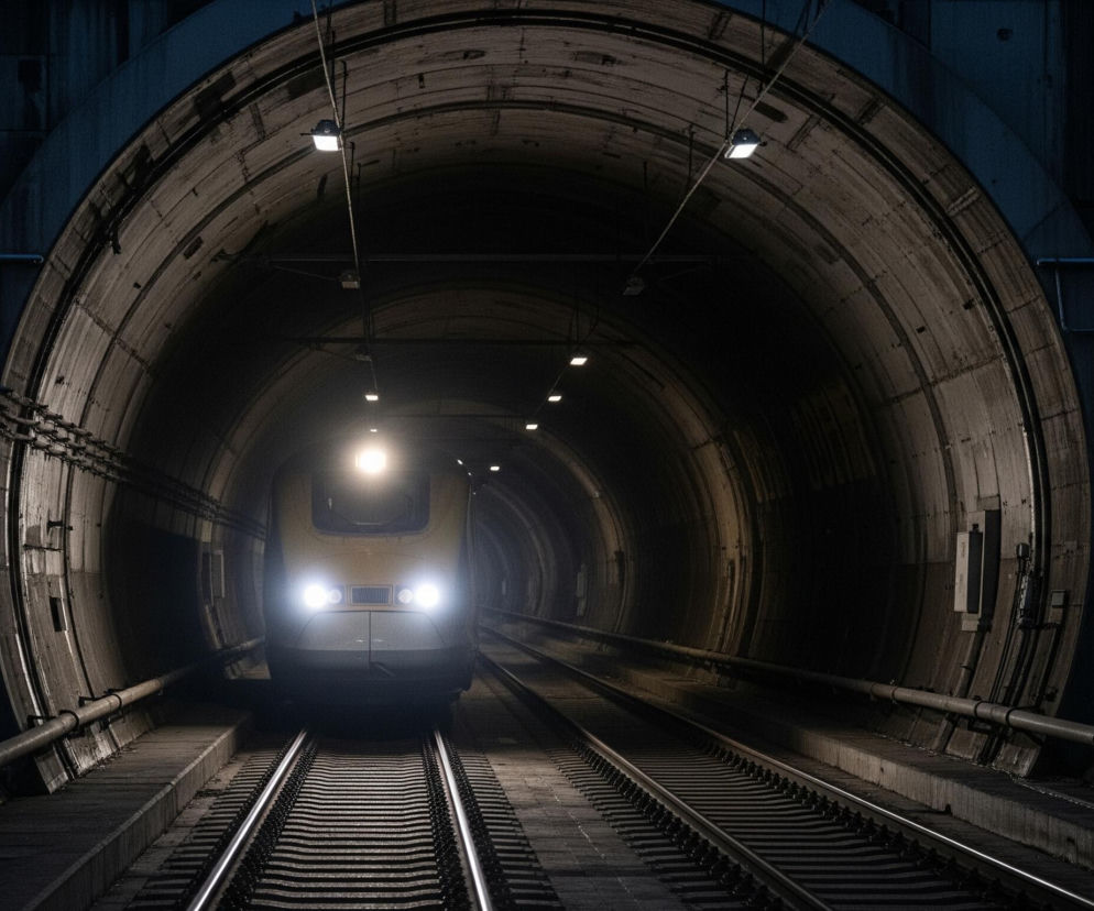 W centrum obrazu znajduje się żółty pociąg o opływowym kształcie, wyłaniający się z ciemnego tunelu, z którego przodu biją jasne, białe światła. Tunel, wykonany z betonowych segmentów w odcieniach szarości i brązu, rozświetlony jest od góry przez linię małych, kwadratowych lamp. Pociąg jedzie po torach, które biegną przez całą długość tunelu, a po jego bokach widać metalowe rury i instalacje przymocowane do ścian.