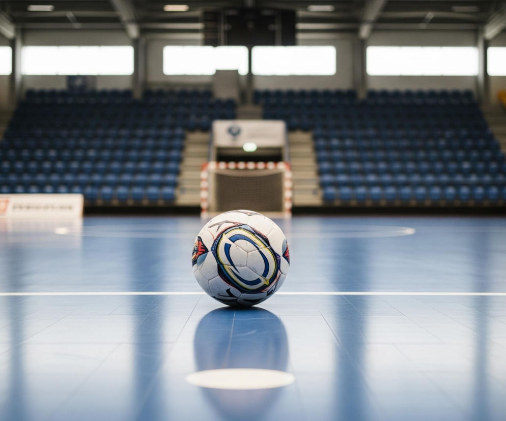 Piłka do futsalu, głównie biała z niebieskimi, czarnymi i czerwonymi wzorami, leży na środku jasno niebieskiego, lśniącego parkietu sportowego. W tle widać puste trybuny, po lewej stronie w kolorze musztardowym, a po prawej w kolorze granatowym, oddzielone przejściem. Na wprost, za piłką, znajduje się bramka z białymi słupkami i czerwono-białą siatką, a powyżej niej niewyraźny ekran lub tablica wyników. Duże, prostokątne okna na górze ścian hali oświetlają całe wnętrze.