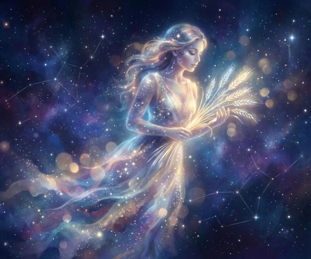Wizualizacja astrologiczna znaku Panny jako eterycznej, świetlistej postaci kobiety, otoczonej konstelacjami gwiazd na tle kosmosu. Postać w sukni symbolicznie trzyma kłosy zboża, co odnosi się do znaku zodiaku Panny. Obrazek jest symboliczną grafiką stockową, idealną do horoskopu, który możesz przeczytać na naszym portalu.