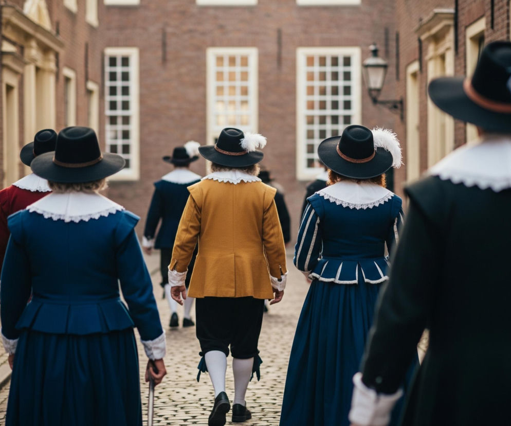 Grupa osób w strojach z epoki idzie ulicą wybrukowaną kostką. Większość postaci jest widoczna od tyłu, ubrana w ciemne kapelusze z szerokimi rondami, niektóre ozdobione białymi piórami, białe marszczone kołnierze i mankiety. Jeden mężczyzna w centrum nosi musztardowo-żółty płaszcz, czarne krótkie spodnie i białe podkolanówki, a dwie osoby po jego bokach mają długie, niebieskie suknie. Po obu stronach ulicy wznoszą się ceglane budynki z prostokątnymi oknami o jasnych ramach, a w tle widać kolejne sylwetki w podobnych strojach.