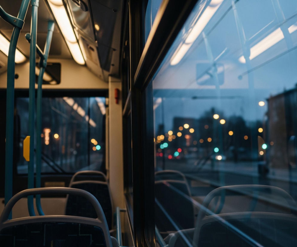 Wnętrze pojazdu, prawdopodobnie autobusu lub tramwaju, jest widoczne od środka, skierowane w stronę jego przodu i prawej strony. Po lewej stronie dominują pionowe i poziome metalowe rurki w kolorze turkusowym, służące jako uchwyty, oraz żółte przyciski. Górna część wnętrza oświetlona jest podłużnymi, ciepłobiałymi świetlówkami, których światło odbija się również w szybie po prawej stronie.

Przez duże okno po prawej stronie widać rozmyty, wieczorny lub nocny krajobraz miejski z ulicznymi światłami w odcieniach pomarańczu, zieleni i czerwieni, tworzącymi efekt bokeh. Obraz jest podzielony na dwie części: oświetlone, szczegółowe wnętrze po lewej i rozmyty, ciemny świat zewnętrzny po prawej.