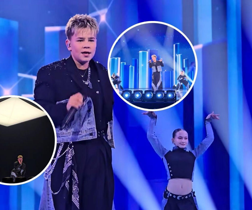 Wiktor Sas śpiewa na scenie Eurowizji Junior 2026. Obok miniatury z prób piosenkarza. O szczegółach przeczytasz na Eska.