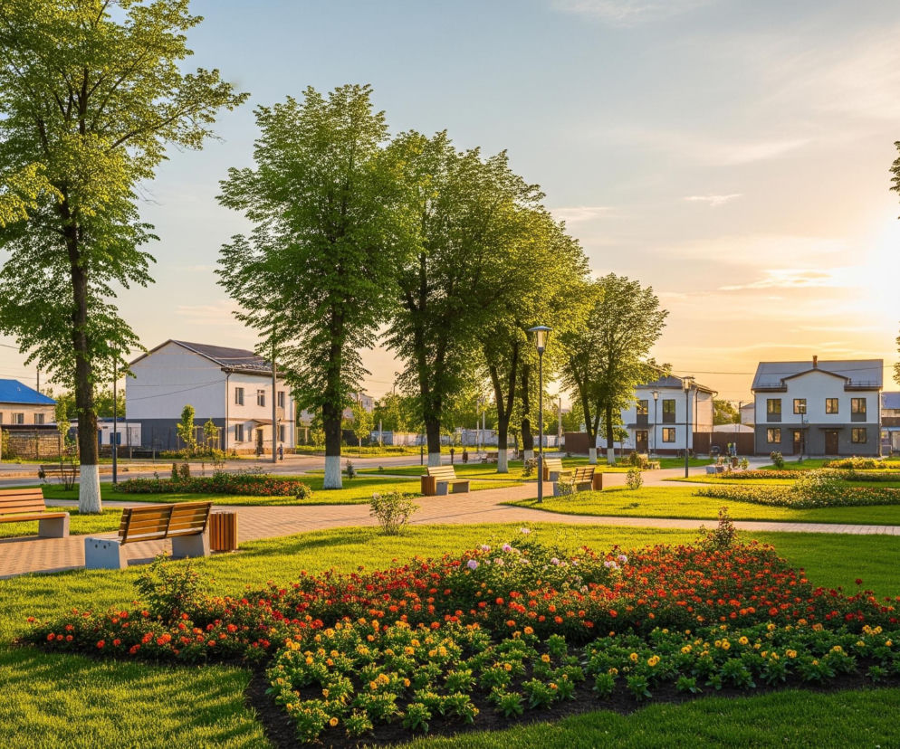 Rozległy, zadbany park miejski o zachodzie słońca. Duże drzewa o gęstych, zielonych liściach, z białymi paskami na pniach, rozmieszczone są wzdłuż wybrukowanych ścieżek, które przecinają trawniki. Na pierwszym planie, w lewej części, znajduje się wysoka latarnia miejska o szarym słupie i kopułowatym kloszu, obok niej, i dalej wzdłuż ścieżek, stoją drewniane ławki z betonowymi podstawami, oraz drewniane kosze na śmieci.

Pomiędzy ścieżkami, na trawnikach, rozlokowane są klomby z jaskrawymi kwiatami w odcieniach czerwieni, pomarańczy i żółci. W tle widoczne są dwupiętrowe budynki o jasnych elewacjach i ciemnych dachach, niektóre z brązowymi ramami okiennymi, a za nimi błękitne niebo przechodzące w pomarańczowe i żółte barwy zachodzącego słońca, którego promienie przebijają się przez liście drzew po prawej stronie.