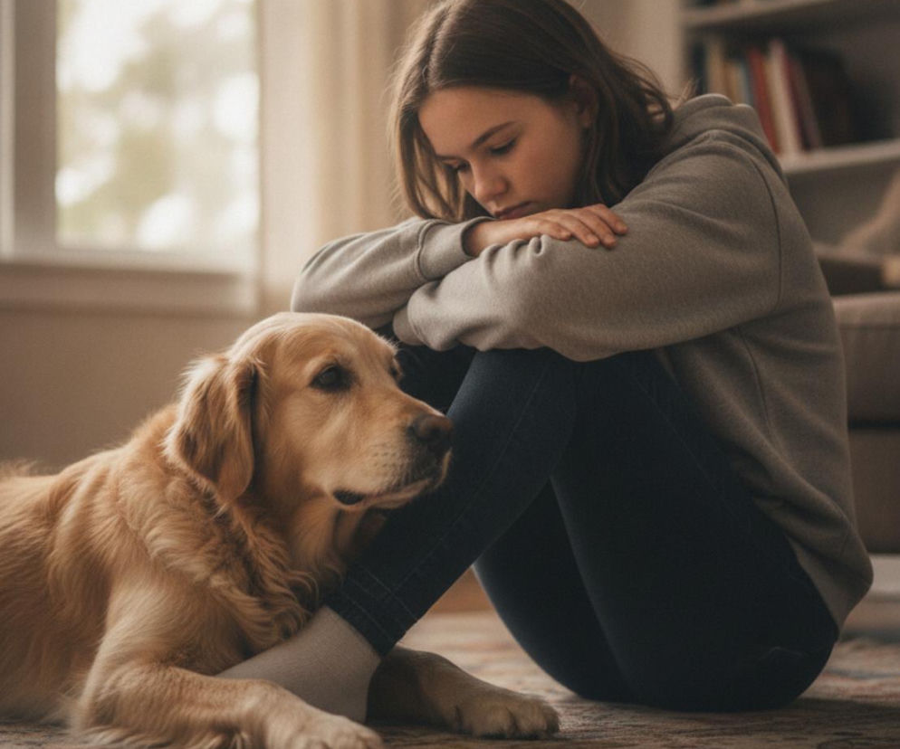Smutna nastolatka siedzi na podłodze obok leżącego psa rasy golden retriever. O lęku społecznym przeczytasz na Poradnik Zdrowie.