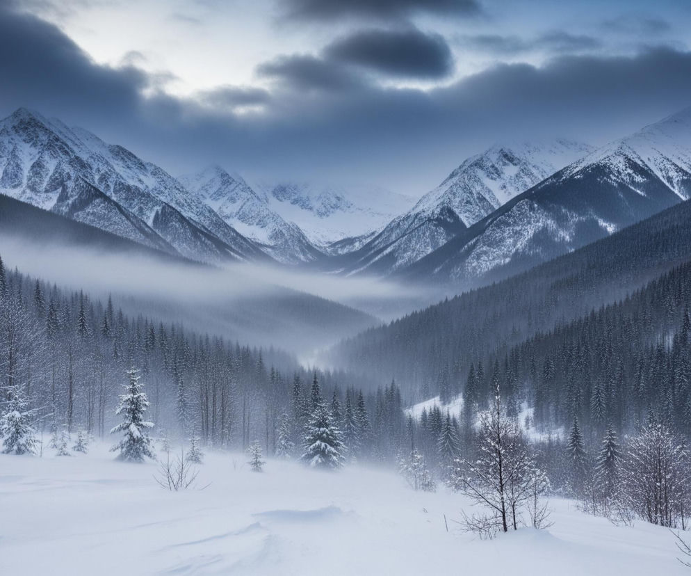 Głęboka dolina pokryta grubą warstwą śniegu, otoczona ośnieżonymi górami, dominuje w kadrze. Liczne iglaste drzewa, również pokryte białym puchem, tworzą ciemne pasma lasu wzdłuż zboczy górskich, przechodząc w jaśniejszą, zamgloną przestrzeń w centrum doliny. Niebo jest pochmurne, z ciemnymi chmurami przesłaniającymi większość błękitu, ale widoczne są prześwity światła, które rozjaśniają partie nieba i gdzieniegdzie padają na pokryte śniegiem szczyty. Dół obrazu to rozległa, śnieżna równina z pojedynczymi, obsypanymi śniegiem młodymi drzewkami.