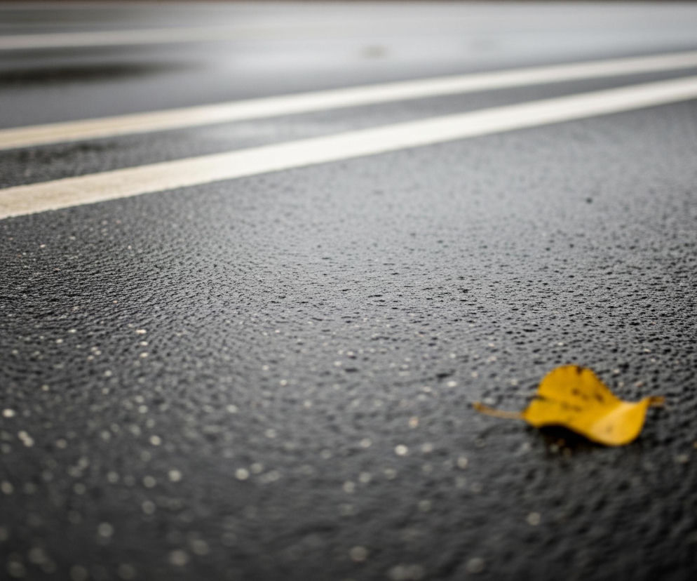 Czarne, mokre podłoże pokryte jest mnóstwem drobnych kropelek wody, przypominających asfalt po deszczu. Po prawej stronie na dole leży pojedynczy, jaskrawożółty liść. Przez środek obrazu, w tle, biegną dwie równoległe, białe linie, zlewające się z oddali.