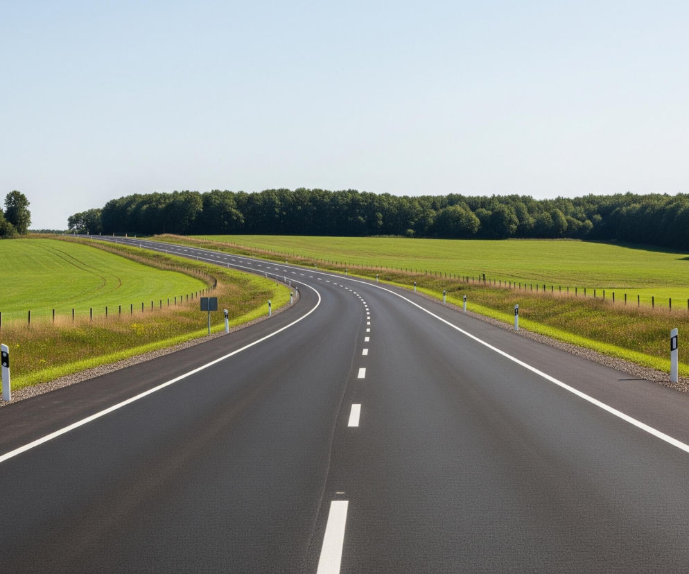 Asfaltowa droga wijąca się łagodnie w prawo dominująca centralną część obrazu. Droga posiada białe, ciągłe linie brzegowe oraz białe, przerywane linie rozdzielające pasy ruchu. Po obu stronach drogi rozciągają się zielone pola, oddzielone od asfaltu wąskim pasem żwiru i niskiej trawy z pojedynczymi kwiatami. Na polach w oddali widoczny jest szpaler ciemnozielonych drzew, a horyzont zamyka jasnobłękitne niebo bez chmur.