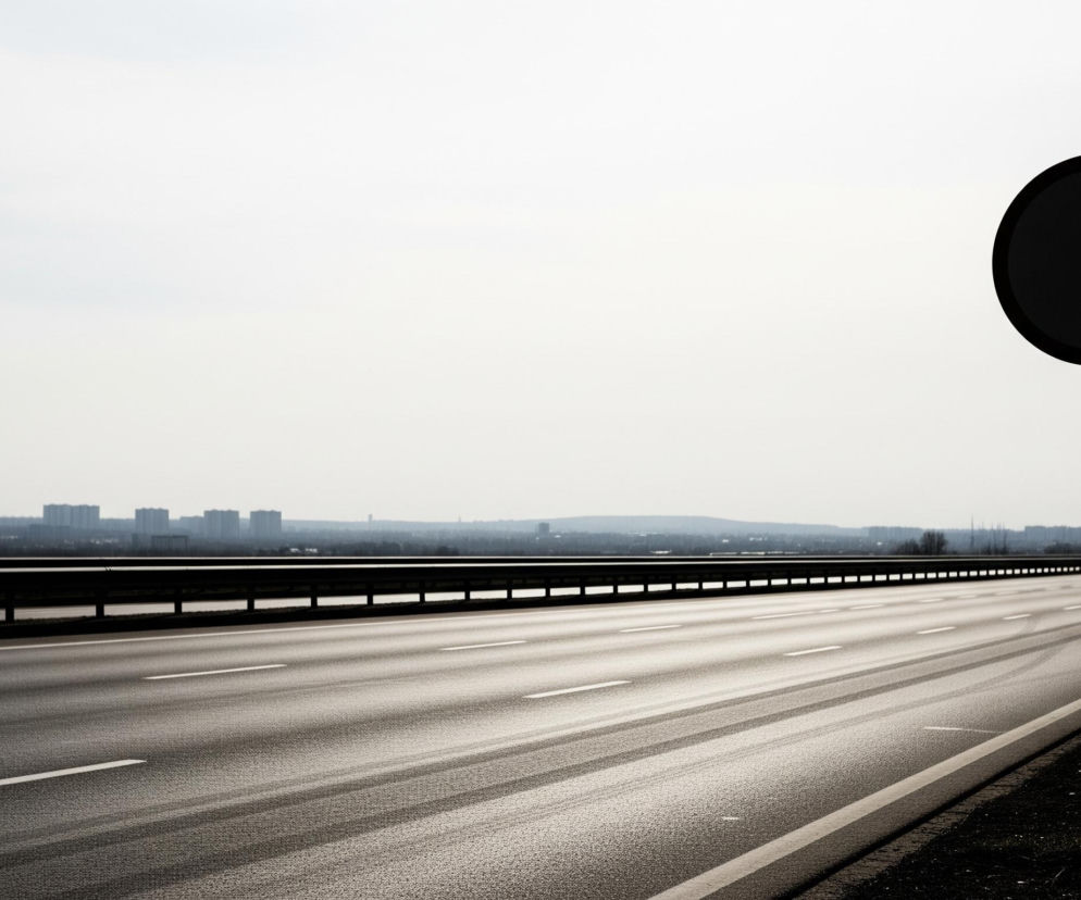 Na pierwszym planie, po prawej stronie, stoi ciemna, okrągła tabliczka na słupku, skierowana w stronę kamery. Dalej w tle, rozciąga się szeroka autostrada z trzema pasami ruchu, oddzielonymi białymi, przerywanymi liniami, które zbiegają się w oddali. Po lewej stronie autostrady biegnie bariera ochronna, natomiast po prawej widoczny jest ciemny pas trawy. W tle rysuje się horyzont z ciemnymi sylwetkami budynków miejskich i drzew pod jasnym, zamglonym niebem.