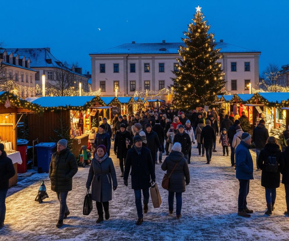 Duży, oświetlony choinka ze świecącą gwiazdą na szczycie dominuje centralną część obrazu, otoczony przez tłum ludzi spacerujących po zaśnieżonym placu. Po obu stronach drzewa rozstawiono liczne drewniane stragany z białymi, zaśnieżonymi dachami, ozdobione girlandami świetlnymi i gałązkami. W tle widać rzędy budynków o klasycznej architekturze, również pokrytych śniegiem na dachach, a wieczorne, granatowe niebo z widocznym księżycem i inną jasną plamką rozświetla całą scenę.