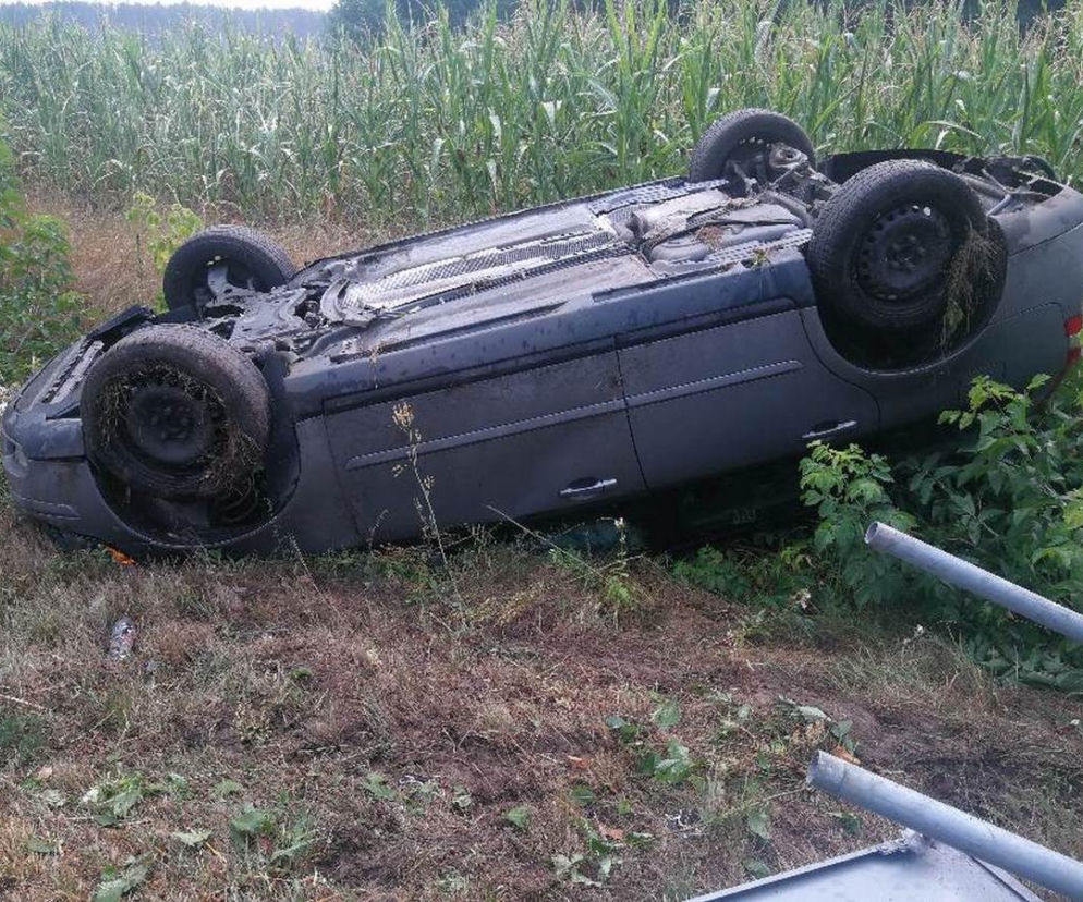 Osobówka ścięła znak drogowy i dachowała! Groźny wypadek w Przewozie [ZDJĘCIA] 