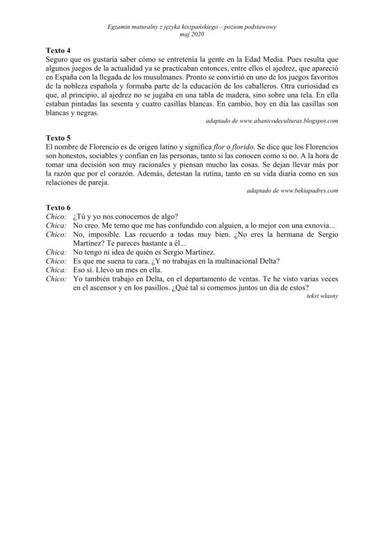 Matura 2020 ARKUSZ CKE: j. hiszpański - p. podstawowy