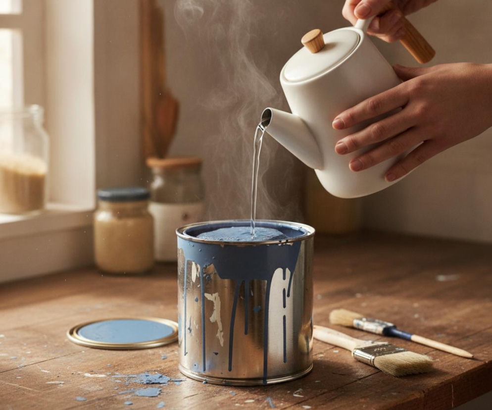 Ręce osoby wlewającej gorącą wodę z czajnika do puszki z niebieską farbą. O domowych trikach przeczytasz na Eska.