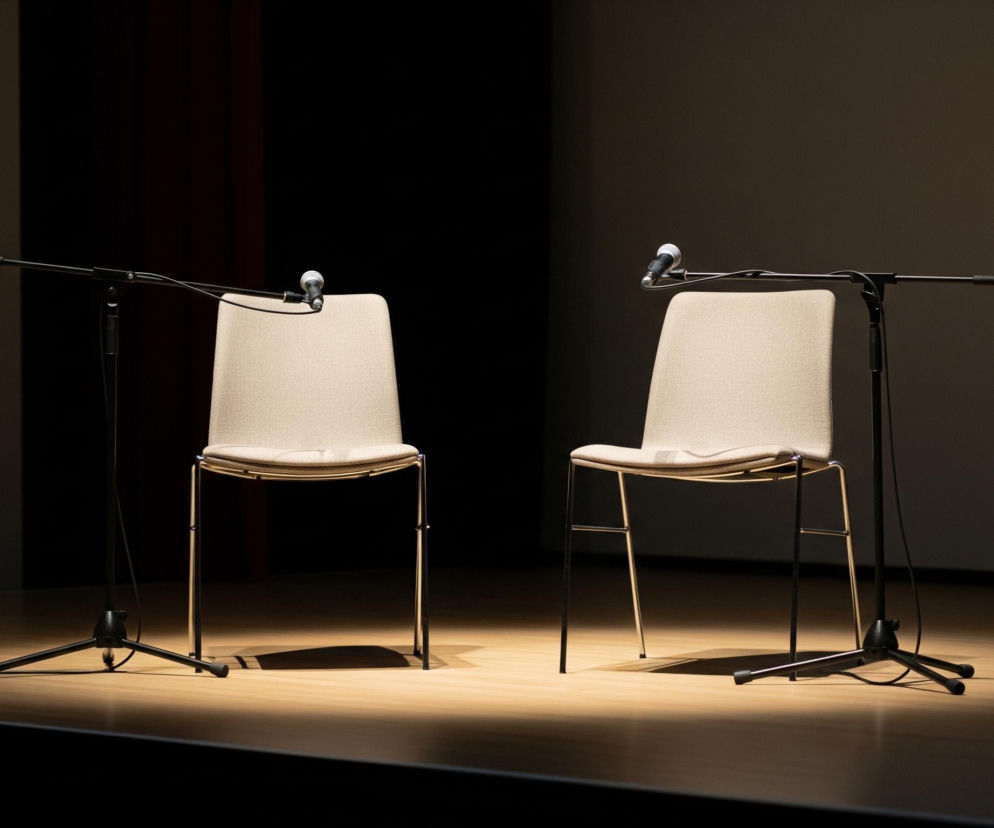 Na drewnianej scenie, oświetlonej od góry ciepłym, żółtym światłem, stoją dwa identyczne beżowe krzesła z metalowymi, cienkimi nóżkami. Przed każdym krzesłem umieszczono czarny statyw mikrofonowy z mikrofonem na wysięgniku, skierowanym w stronę krzeseł. Tło za sceną jest ciemne i rozmyte, z widocznymi pionowymi elementami, z lewej strony nieco ciemniejsze, a z prawej jaśniejsze, w odcieniach szarości i brązu.