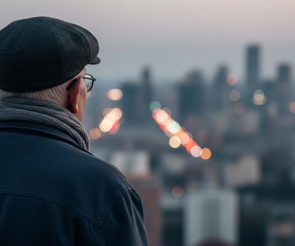 Starszy mężczyzna, widoczny od tyłu, z siwymi włosami, ciemnoszarą czapką i szarym szalikiem, patrzy w dal na rozmyte miasto. Ubrany jest w ciemnogranatową kurtkę. W tle rozciąga się panorama miasta z licznymi, rozmazanymi światłami w odcieniach czerwieni, żółci i bieli, tworząc efekt bokeh. Wysokie budynki są jedynie zarysami na tle jasnoszarego nieba.