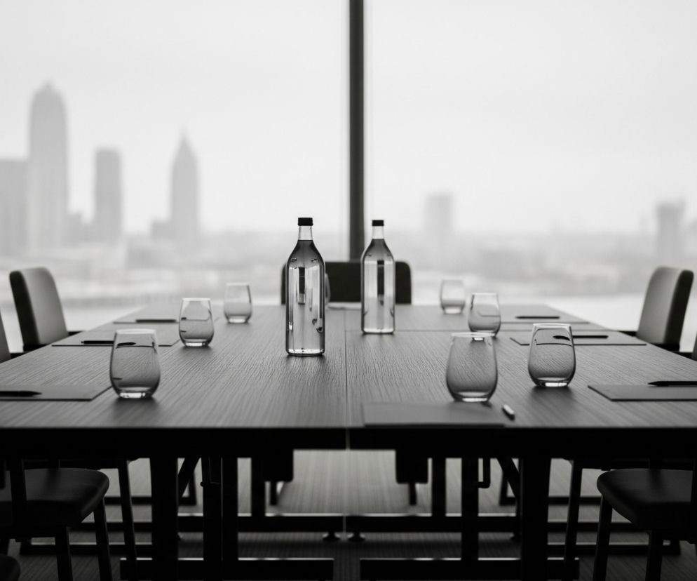Długi, ciemny stół konferencyjny z czarnymi, skórzanymi krzesłami rozmieszczonymi wokół niego dominuje w kadrze. Na stole leżą butelki z wodą i szklanki, a także czarne teczki z długopisami, symetrycznie ułożone dla każdego miejsca. W tle widać duże okno z widokiem na szare, niewyraźne sylwetki wysokich budynków miejskich. Światło z zewnątrz rozjaśnia pomieszczenie, tworząc kontrast między jasnym tłem a ciemnym pierwszym planem, gdzie przedmioty są wyraźne.