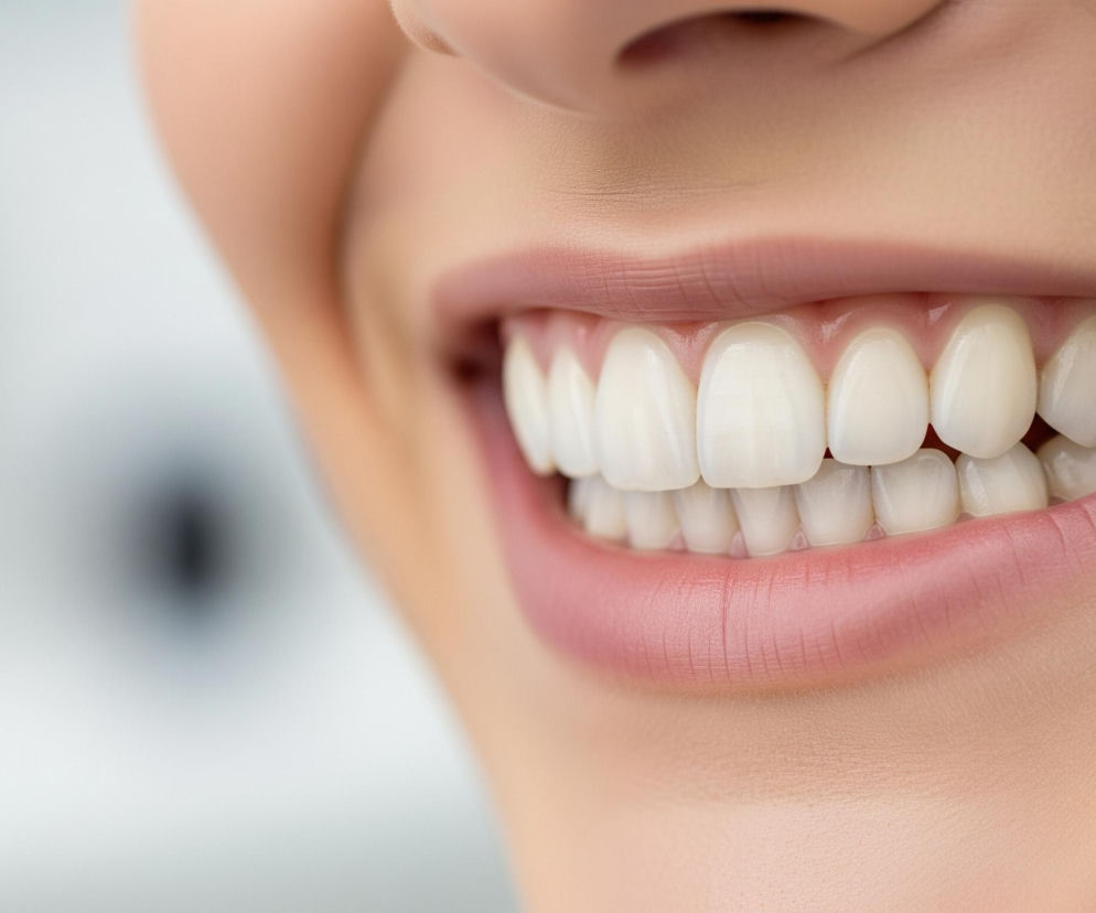 Uśmiechnięta twarz osoby z jasną skórą, sfotografowana z bliska z prawej strony. Centralny punkt to równy rząd bardzo białych, lśniących zębów widocznych za delikatnie różowymi, pełnymi wargami, z widoczną górną wargą lekko uniesioną, odsłaniającą dziąsła. Twarz charakteryzuje się gładką, beżową cerą z lekkimi cieniami, które subtelnie modelują rysy nosa i policzka. Tło jest rozmyte, utrzymane w odcieniach szarości i bieli, co skupia uwagę na wyraźnym uśmiechu.