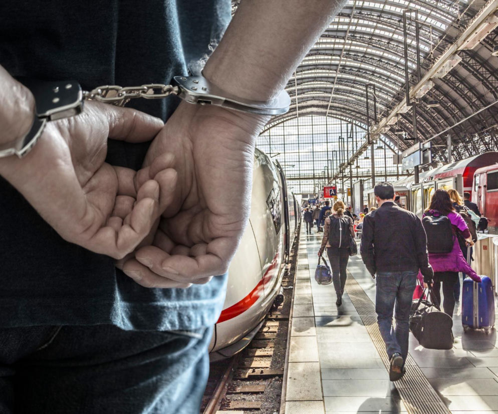 Ręce zatrzymanego mężczyzny w kajdankach na tle peronu kolejowego w Niemczech. O sprawie Polaka przeczytasz w Eska.