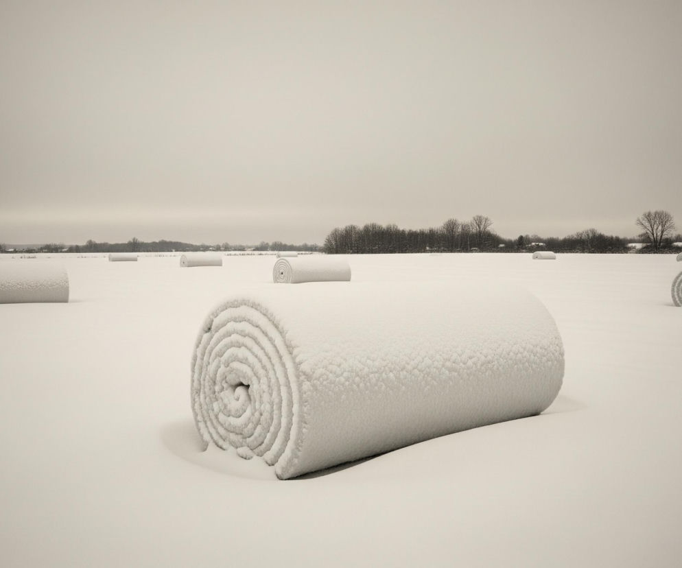 Duże, zaśnieżone bele siana, przypominające zrolowane materace, leżą rozsiane po rozległym, pokrytym śniegiem polu. Najbliższa bela, umieszczona na pierwszym planie po prawej stronie, jest wyraźnie widoczna, ukazując spiralny wzór zwojów. W tle widać rzędy drzew bez liści, a ponad nimi rozciąga się jednolicie szare, zachmurzone niebo, dominujące w górnej połowie kadru. Cały krajobraz utrzymany jest w zimnych, monochromatycznych odcieniach bieli, szarości i czerni.