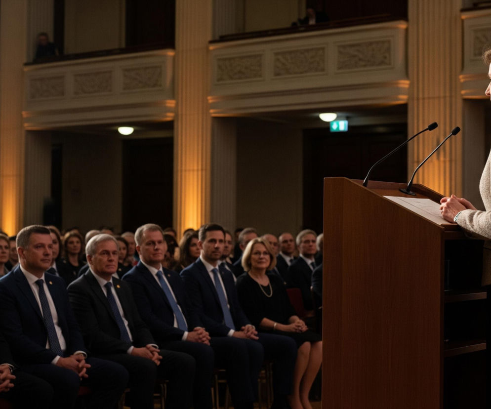 Kobieta o krótkich, brązowych włosach, ubrana w jasnobeżową marynarkę i ciemną spódnicę, stoi za drewnianą mównicą z dwoma mikrofonami, trzymając złożone dłonie. Przed nią siedzi grupa mężczyzn w garniturach i krawatach oraz kobiet, a wszyscy patrzą w stronę mównicy. Tło stanowi duże pomieszczenie o wysokim suficie z balkonami, ozdobionymi białymi balustradami, a światło pada z góry i z prawej strony, oświetlając mównicę i postać kobiety.