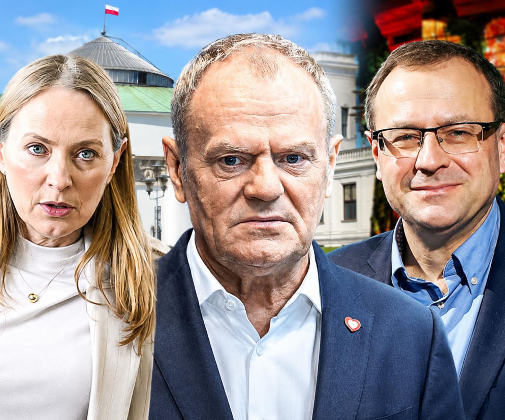 Katarzyna Pełczyńska-Nałęcz, Donald Tusk i Szymon Hołownia na tle Sejmu. O dymisji minister przeczytasz na SE Polityka.