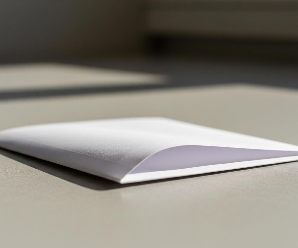 Na obrazie widoczna jest biała, półotwarta koperta leżąca na jasnoszarym, teksturowanym blacie. Koperta, skierowana krótszym bokiem do przodu, ma otwartą klapę, ukazując delikatnie fioletowe wnętrze. Światło padające z lewej strony tworzy wyraźny, ciemny cień pod kopertą oraz podłużne pasy cienia w tle. Tło jest rozmyte, utrzymane w ciemniejszych odcieniach szarości.