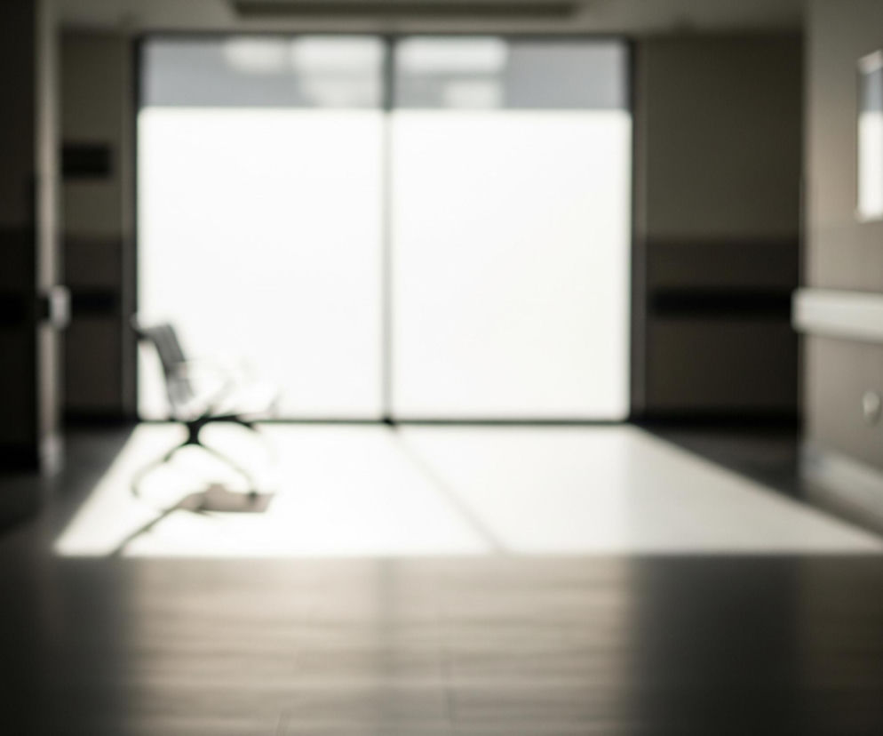 Długi, rozmazany korytarz z drzwiami lub dużymi oknami na końcu, zalany jasnym światłem, dominuje centralną część obrazu. Po obu stronach widoczne są ciemniejsze ściany z jasnymi, poziomymi poręczami i pionowymi lampami. Na podłodze, na pierwszym planie, rozciąga się kontrastująca gra światła i cienia. W oddali, w jaśniejszej strefie, ledwo zarysowane są sylwetki dwóch krzeseł.