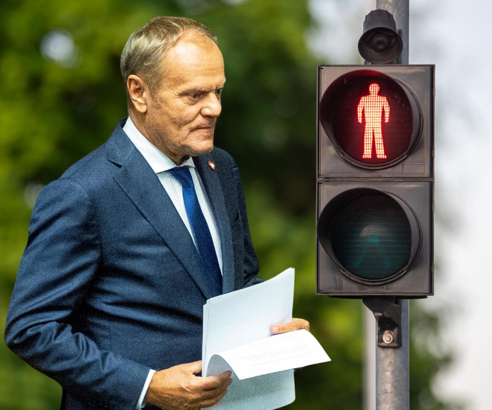Donald Tusk trzymający kartki papieru stoi obok sygnalizatora z czerwonym światłem. O sprawie przeczytasz na SE Polityka.