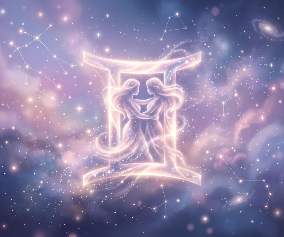 Świecący symbol zodiaku Bliźniąt na tle gwieździstego nieba i mgławic. O horoskopie dla Bliźniąt przeczytasz w Eska.
