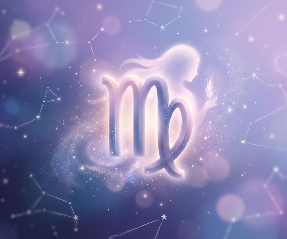 Świecący symbol zodiakalnej Panny na tle gwieździstego nieba. O horoskopie dziennym dla Panny przeczytasz na Eska.