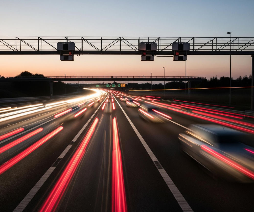 Szeroka autostrada rozciąga się w perspektywie, ukazując intensywny ruch samochodowy w nocy lub o zmierzchu. Długie smugi światła, białe od nadjeżdżających pojazdów i czerwone od tylnych świateł, tworzą dynamiczny efekt na ciemnym asfalcie, wyznaczając pasy ruchu. Nad jezdnią, na solidnej metalowej konstrukcji, zawieszone są cztery czarne tablice z białymi ekranami, widoczne na tle rozległego, bladoniebieskiego nieba przechodzącego w delikatny pomarańczowy odcień zachodzącego słońca.