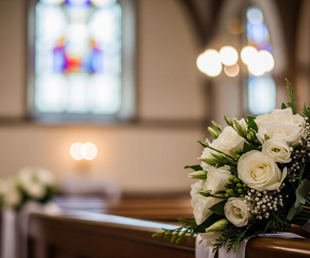 Na pierwszym planie, po prawej stronie, leży bukiet białych róż i drobnych, białych kwiatów, przewiązany białą wstążką, umieszczony na drewnianej ławce. W tle, widoczne są kolejne drewniane ławki, a na jednej z nich, po lewej stronie, widać rozmyty, podobny bukiet. Dalsze tło stanowi wnętrze kościoła z rozmazanymi oknami witrażowymi i jasnymi punktami świetlnymi. Całość ma miękkie, rozmyte tło i ciepłą kolorystykę, z dominującymi odcieniami brązu i bieli.