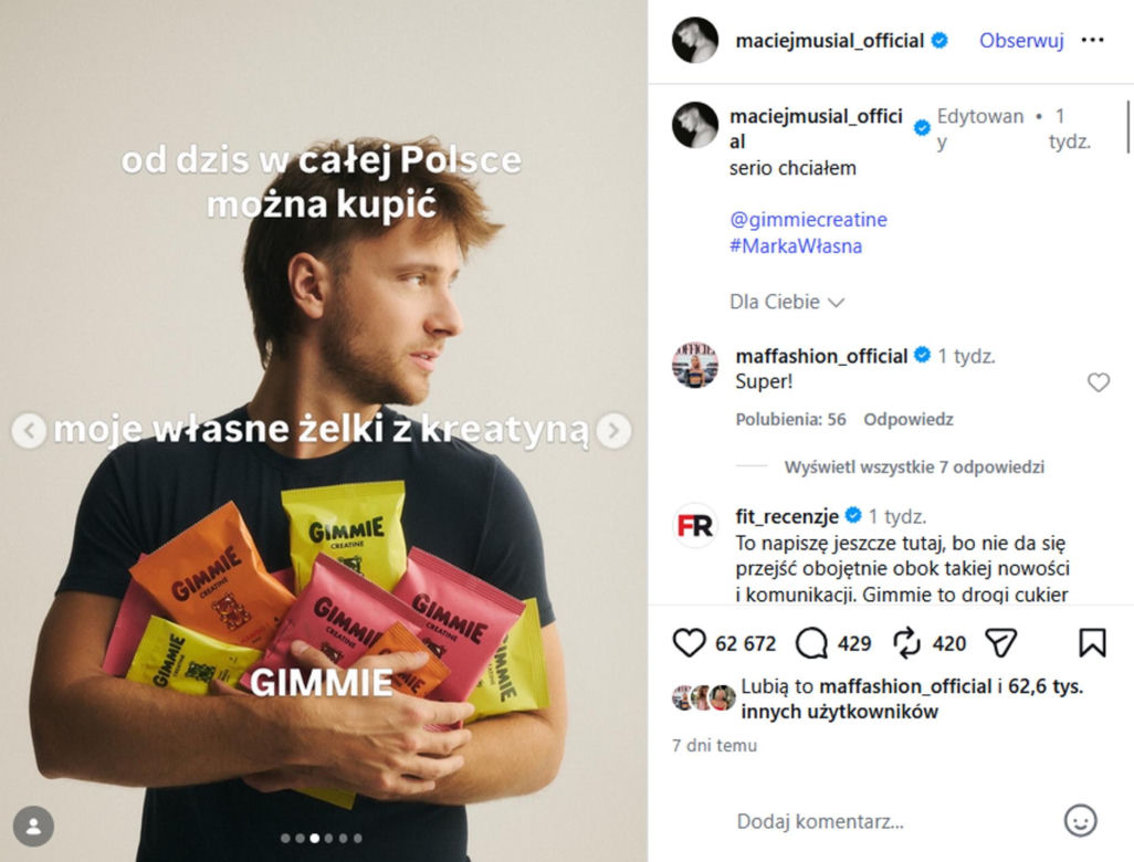 Maciej Musiał rusza z własną marką. Jego żelki z kreatyną trafiły do Biedronki