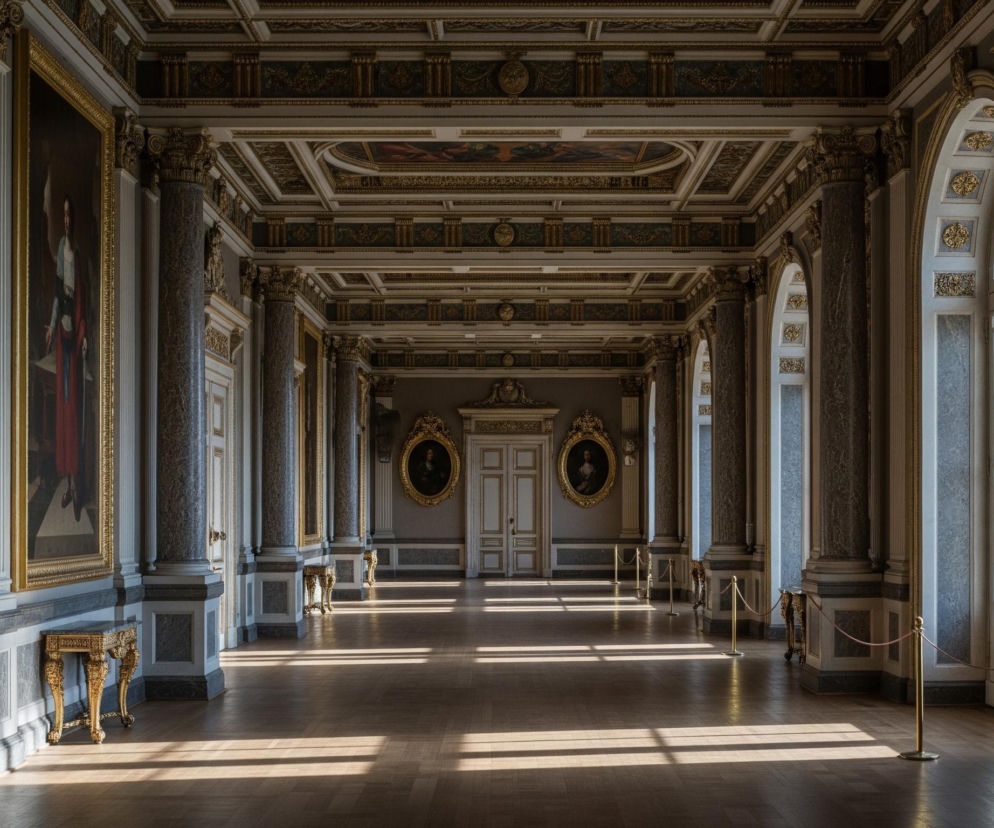 Długi, przestronny hol, ozdobiony eleganckim, złotym ornamentem, rozciąga się przed widzem, z rzędami kolumn po obu stronach. Ściany pokrywają liczne obrazy w bogatych, złotych ramach, przedstawiające postacie ludzkie w klasycznych strojach, a na suficie również widnieją malowidła i złocone kasetony. Jasne słońce wpada przez wysokie okna po prawej stronie, tworząc długie, ukośne cienie na jasnej, drewnianej posadzce i oświetlając fragmenty ozdobnych stołów stojących przy ścianach. Na końcu holu widoczne są podwójne drzwi oraz dwa owalne obrazy, również w złotych ramach, a przed nimi biegnie rząd złotych słupków z rozciągniętymi między nimi czerwonymi linkami, sugerującymi wyznaczony szlak.