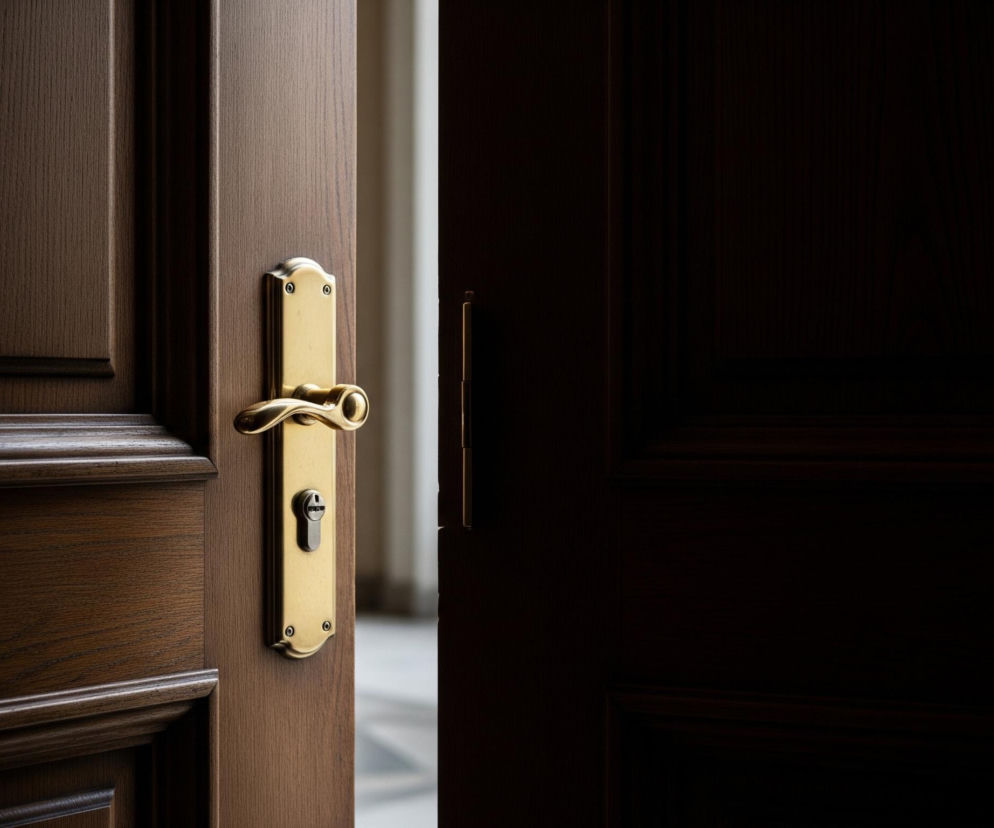 Na obrazie dominuje otwarte drewniane drzwi w odcieniach brązu, z widoczną złotą klamką i zamkiem na lewym skrzydle. Światło zza otwartych drzwi, pomiędzy lewym a prawym skrzydłem, rozjaśnia górną część szczeliny, natomiast dolna pozostaje w cieniu. Prawe skrzydło drzwi jest prawie całkowicie zacienione, z wyjątkiem cienkiego paska jaśniejszego drewna wzdłuż pionowej krawędzi, sugerującym jego strukturę.