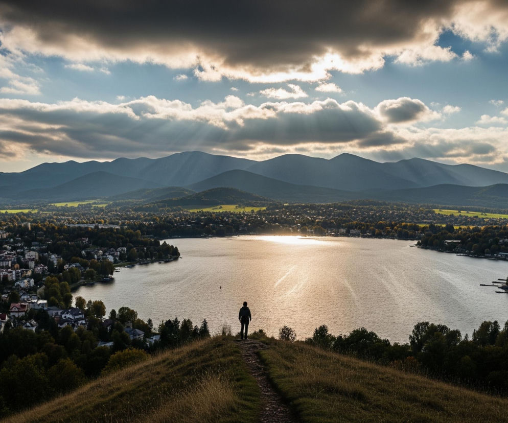 Na pierwszym planie, centralnie, stoi samotna postać, człowiek, patrzący w dal z wzniesienia porośniętego suchą trawą, na której widoczna jest ścieżka. Za postacią rozciąga się duże jezioro, którego powierzchnia odbija intensywne, złociste światło słoneczne, tworzące promieniste smugi na wodzie. Brzegi jeziora otoczone są gęstą zabudową miejską z licznymi domami i drzewami o ciemnych koronach. W tle wznoszą się pofalowane pasma gór, a nad całością rozpościera się częściowo zachmurzone niebo, przez które przebijają się promienie słońca, tworząc efektowne snopy światła.