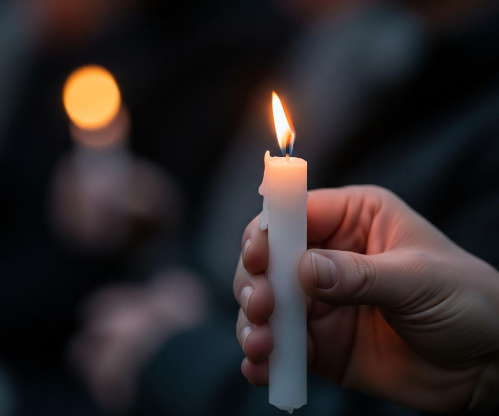 Dłoń osoby trzyma białą, zapaloną świecę, która emituje jasny, pomarańczowy płomień w górnej części. Na świecy widoczne są ślady topiącego się wosku. Tło jest ciemne i rozmyte, z niewyraźnymi, okrągłymi plamami światła w odcieniach pomarańczu i bieli, sugerującymi obecność innych źródeł światła lub świec.