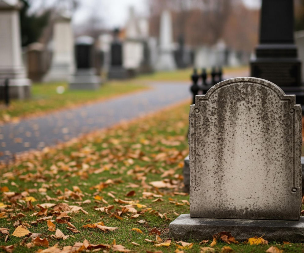 Na pierwszym planie, po prawej stronie, stoi szary, kamienny nagrobek o zaokrąglonej górze i wyraźnych śladach zaciekania i mchu, posadowiony na prostokątnej podstawie. Trawa wokół nagrobka jest zielona, pokryta licznymi, suchymi liśćmi w odcieniach brązu, żółci i pomarańczu. W oddali, po lewej stronie, widać ścieżkę biegnącą przez cmentarz, również usłaną liśćmi, otoczoną rzędami rozmytych nagrobków i drzew.