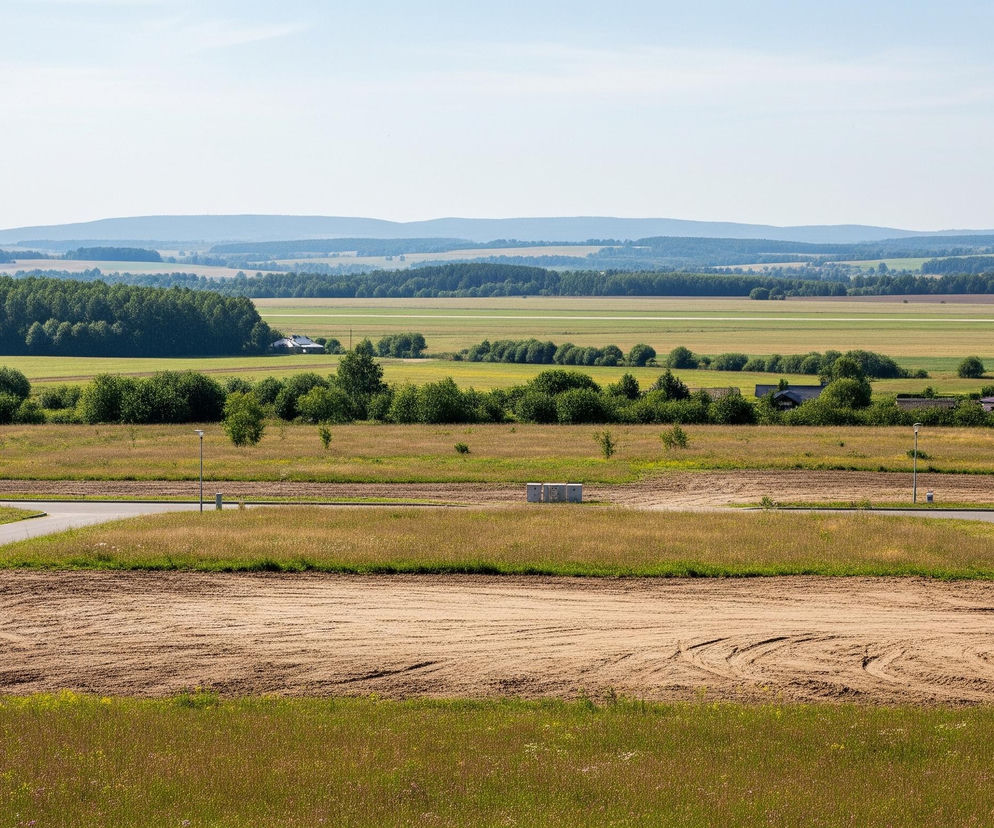 Rozległe grunty rolne i działki budowlane z drogą dojazdową, otoczone zielenią i zabudowaniami, symbolizujące tereny inwestycyjne. W tle góry i mały samolot. Czytaj o zmianach w ustawie o obrocie ziemią na Super Biznes.