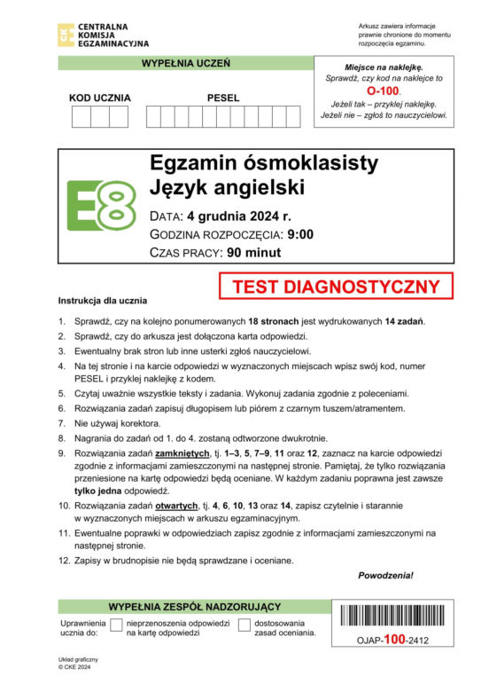 Próbny egzamin ósmoklasisty 2025 z angielskiego. ARKUSZE CKE i ODPOWIEDZI [4.12.2024]