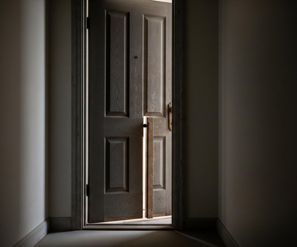 Ciemnoszary, drewniany, lekko uchylony drzwi z czterema prostokątnymi panelami w równej odległości od siebie, zajmują centrum kadru. Jasne, białe światło przenika przez szparę po lewej stronie drzwi, oświetlając fragment drewnianej ościeżnicy oraz kawałek podłogi. Po obu stronach drzwi widoczne są ściany w odcieniach szarości, jaśniejsze bliżej drzwi i stopniowo ciemniejące w kierunku krawędzi obrazu, co tworzy wyraźny kontrast światła i cienia.